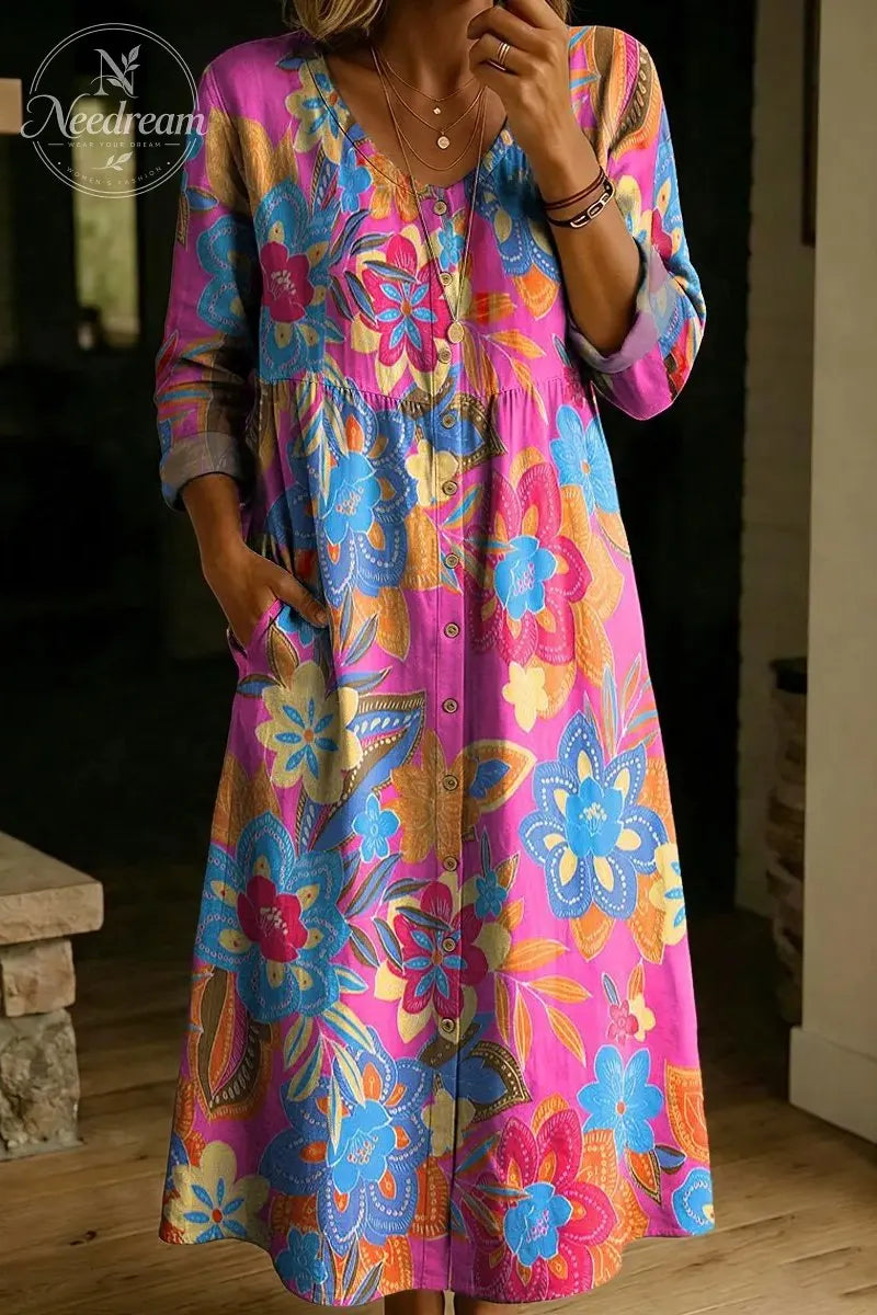 Women's Bohemian Style Art Print V-Neck Long Sleeve Button Cotton Pocket Dress