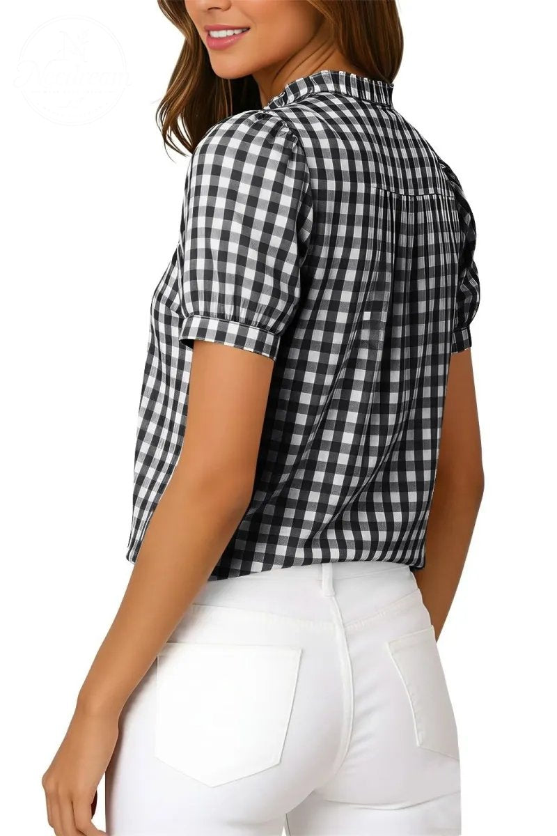 Women Puff Sleeve Plaid Blouses Dressy Casual Business Tops Ruffled Tirm Henley Shirts