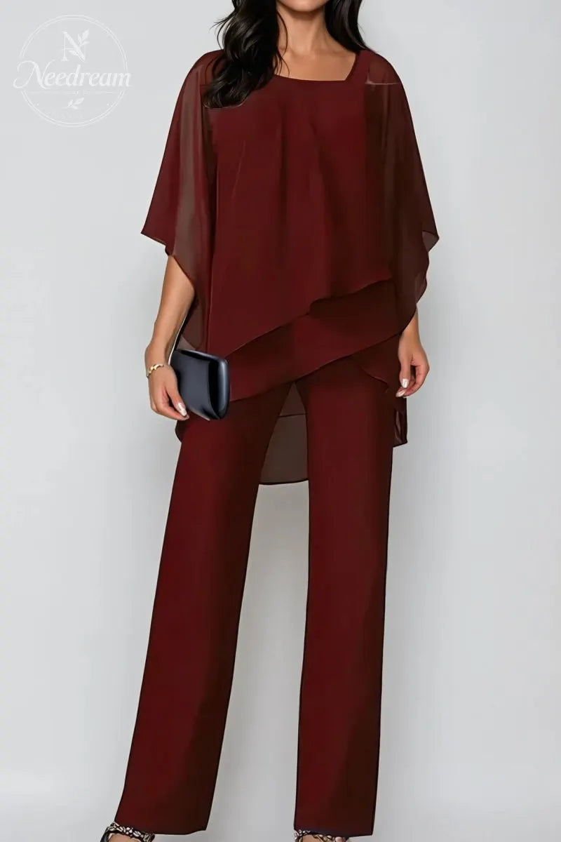 Elegant Layered Chiffon Top & Wide-Leg Pants Set