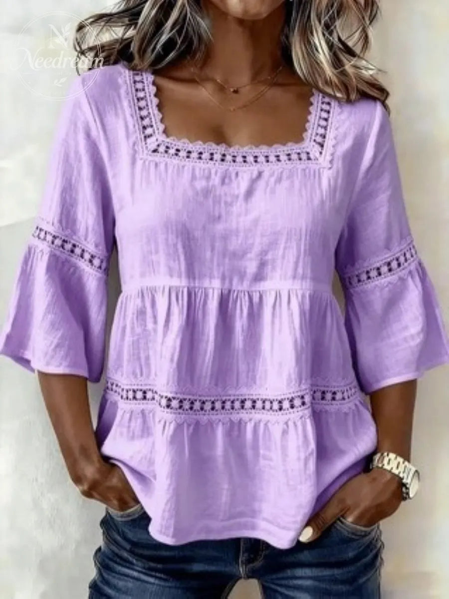 Women'S White Boho Blouse Crochet Lace Trim Bell Sleeve Tiered Flowy Top