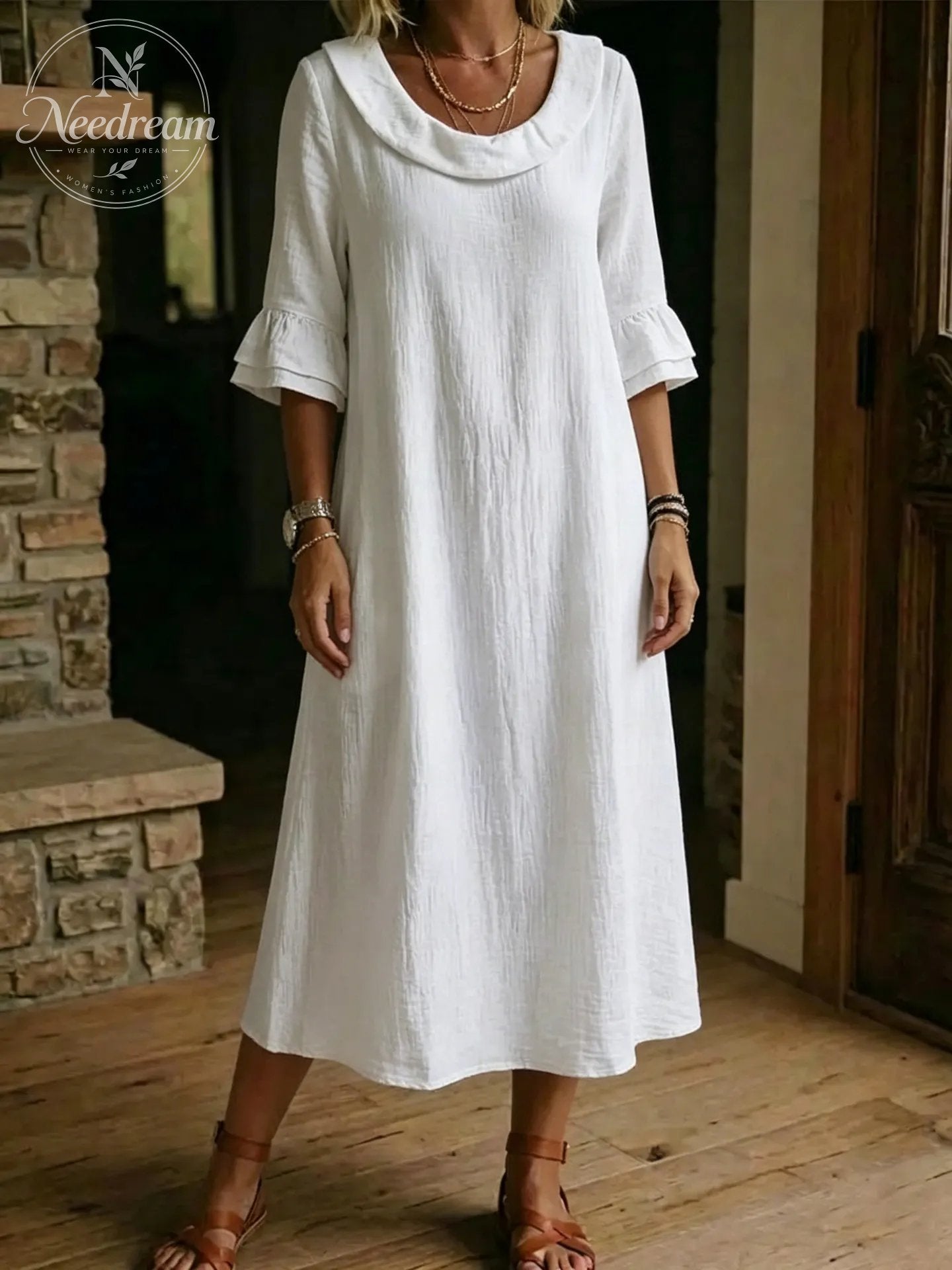 Cotton Linen Neck Ruffle Casual Dress