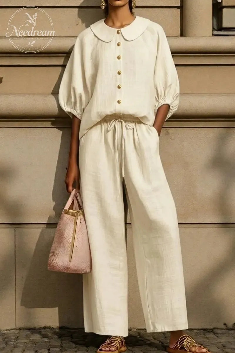 New Arrivals🔥Stylish Peter Pan Collar Shirt And Wide-leg Pant Linen Two-piece Set