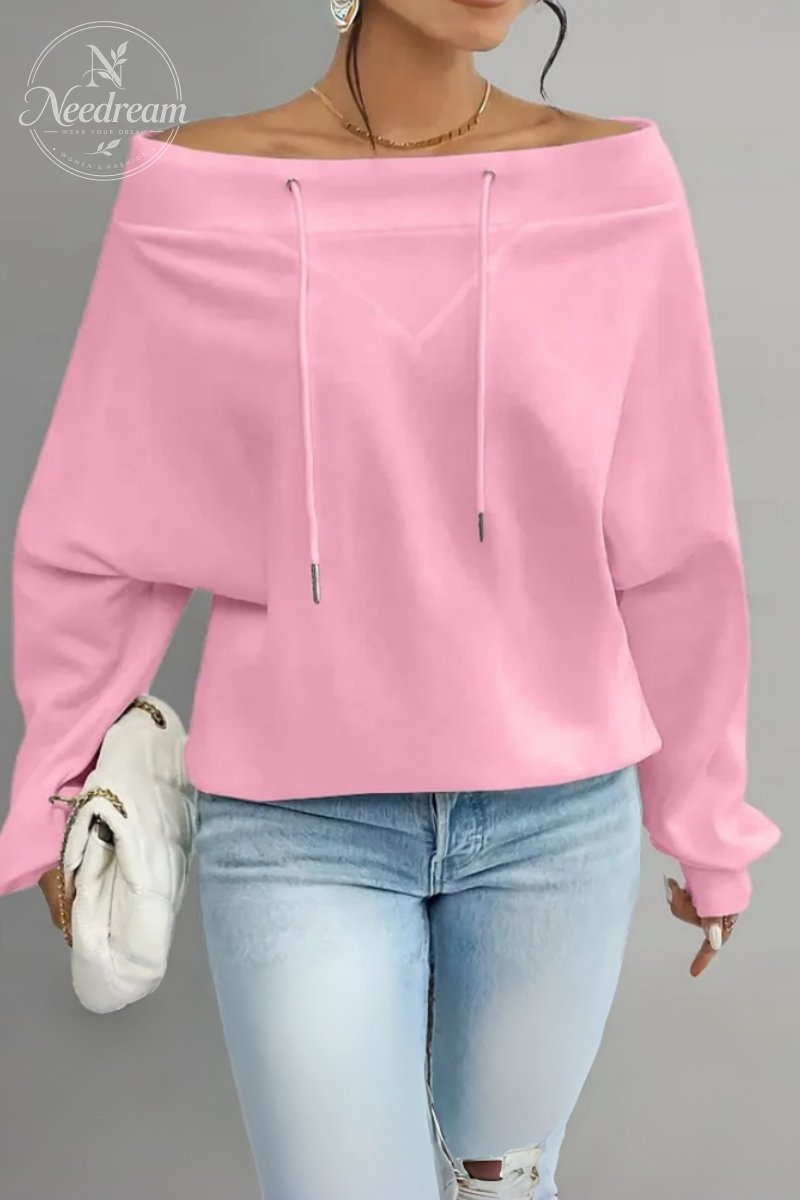 Women's Casual Off Shoulder Drawstring Batwing Sleeve Sweatshirt