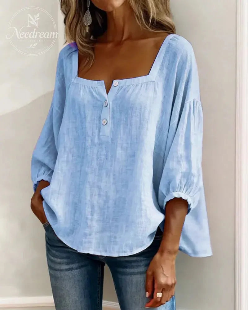🌸Pink Square-Neck Half-Button Shirt