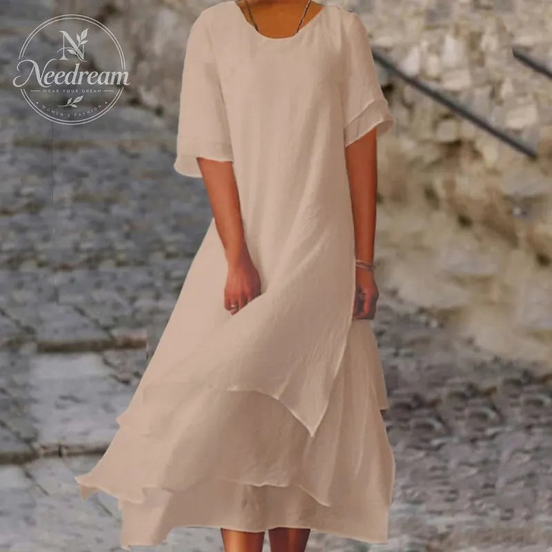 Women'S Round Neck Irregular Hem Midi Dress
