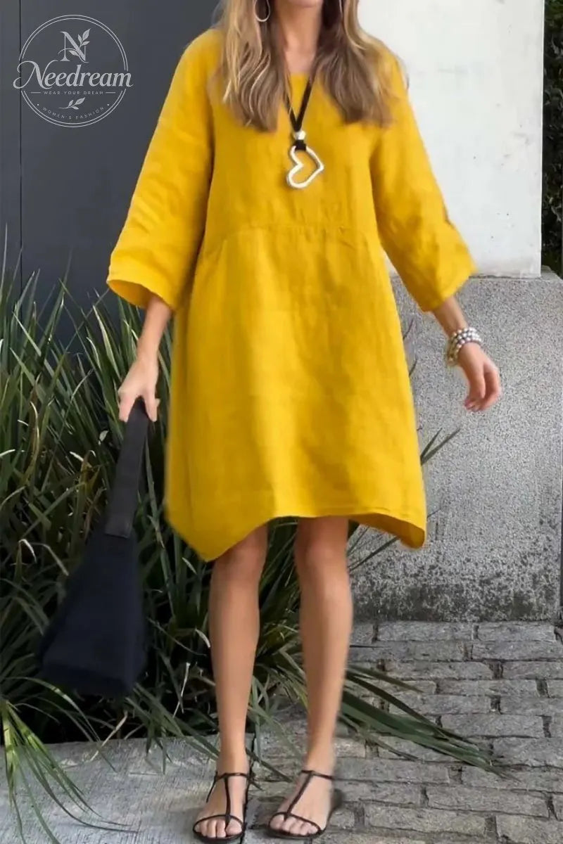 Solid Color Loose Casual Pocket Cotton Linen Dress