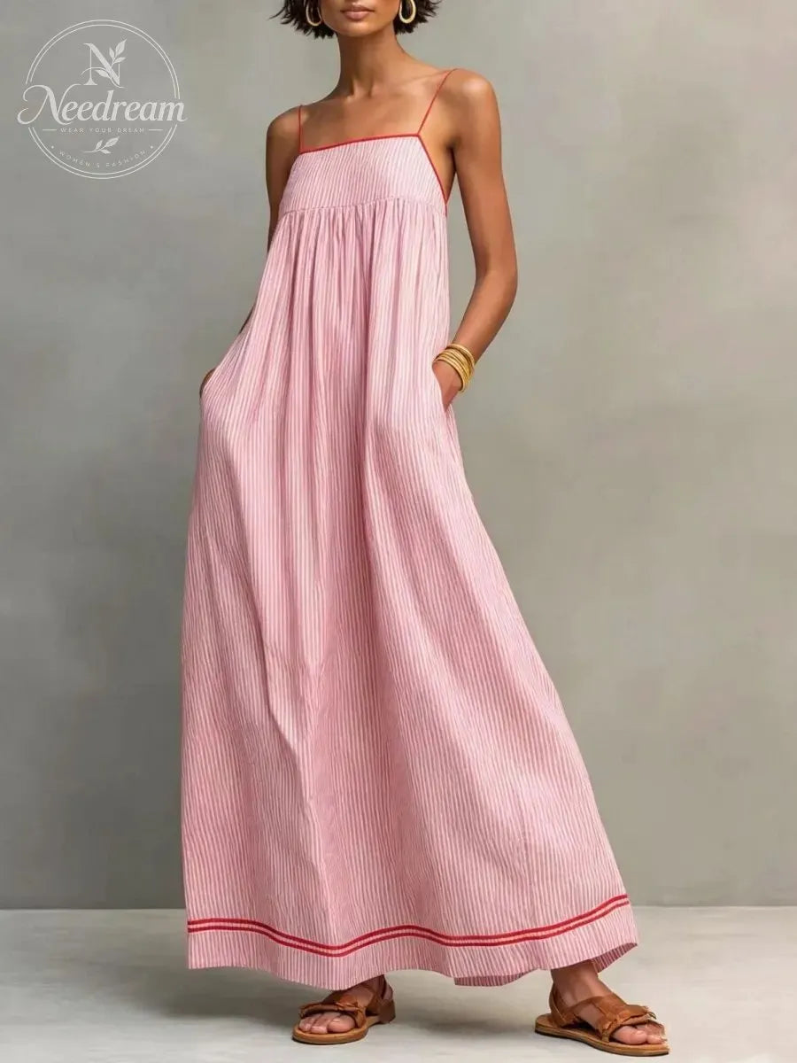 Women's Minimalist Striped Maxi Dress With Red Trim And Spaghetti Straps