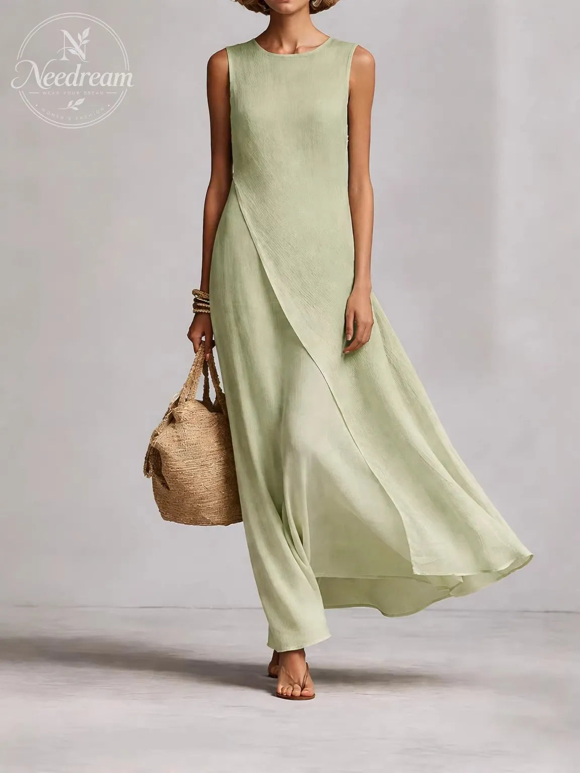 Women's Ivory Breathable Linen Dress With Sleeveless Detail & Asymmetric Hem, Contemporary Casual-Feminine Style Dress