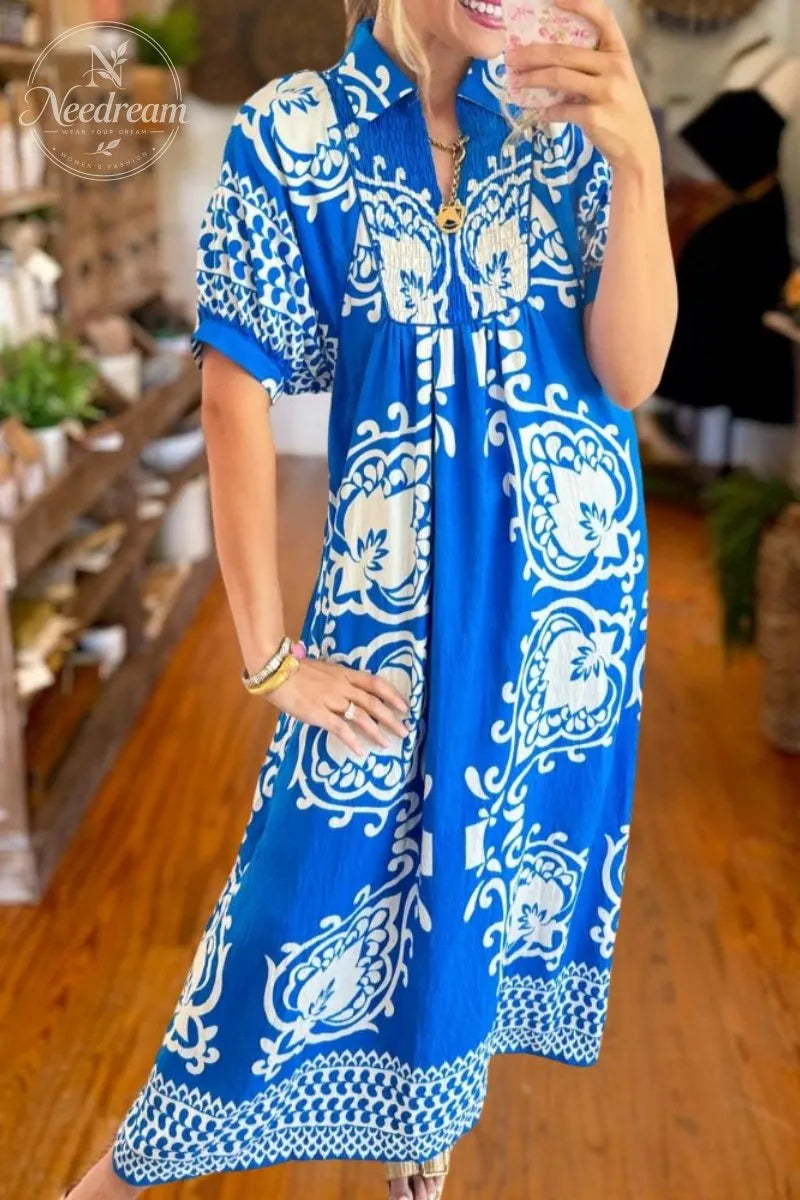 Blue Puff Sleeve Boho Midi Dress