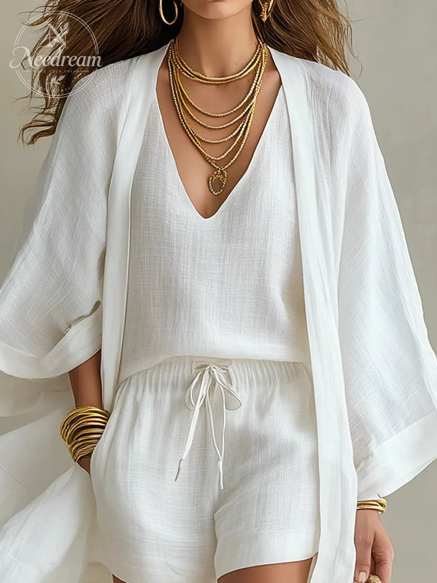 Loose Cardigan And Drawstring Shorts Three-piece Set