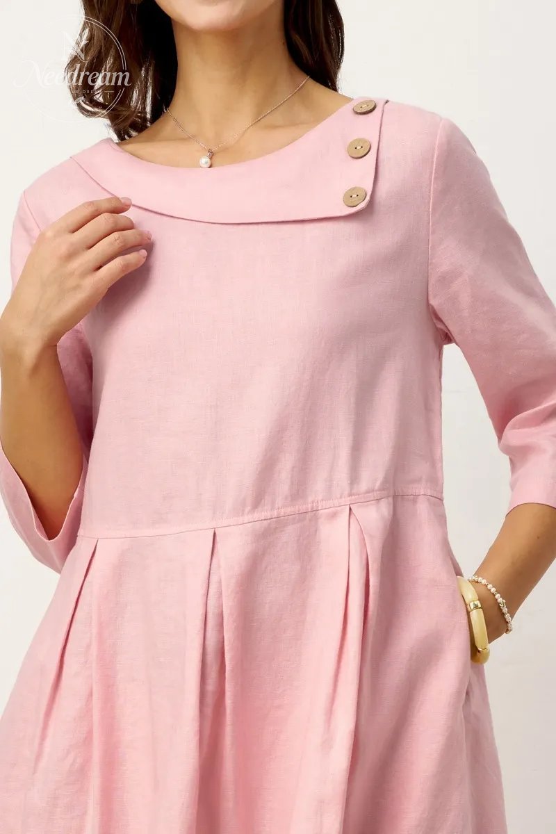 Linen Crescent Neck Decorative Button Waist Pleated Maxi Dress