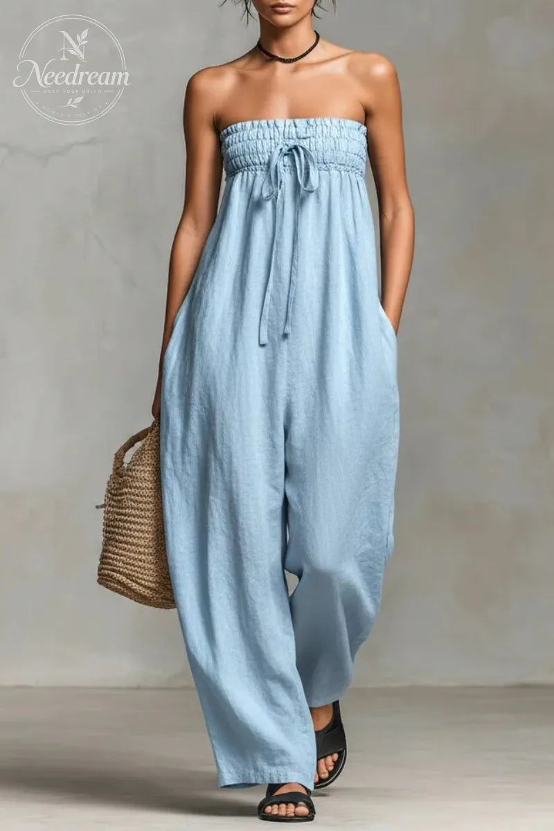 Women's Minimalist Loose-fitting Linen Blend Strapless Jumpsuit With Tie Closure