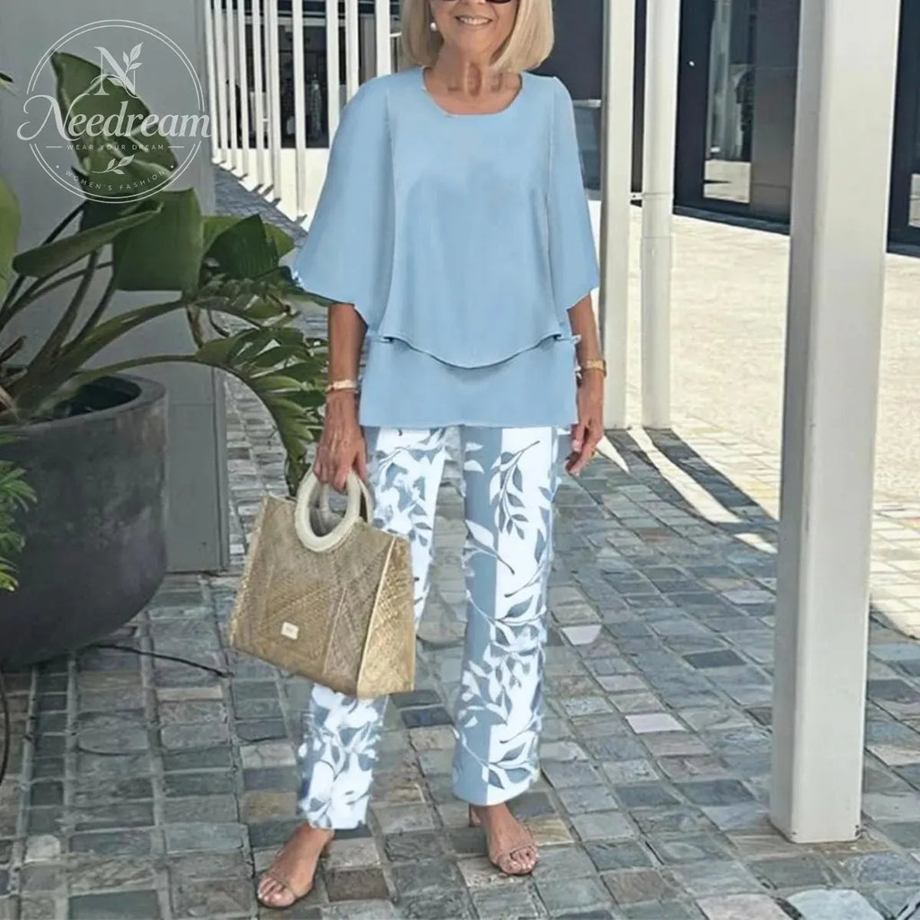 Women's Round Neck Mid-Sleeve Top With Floral Print Pants Set Two-Piece