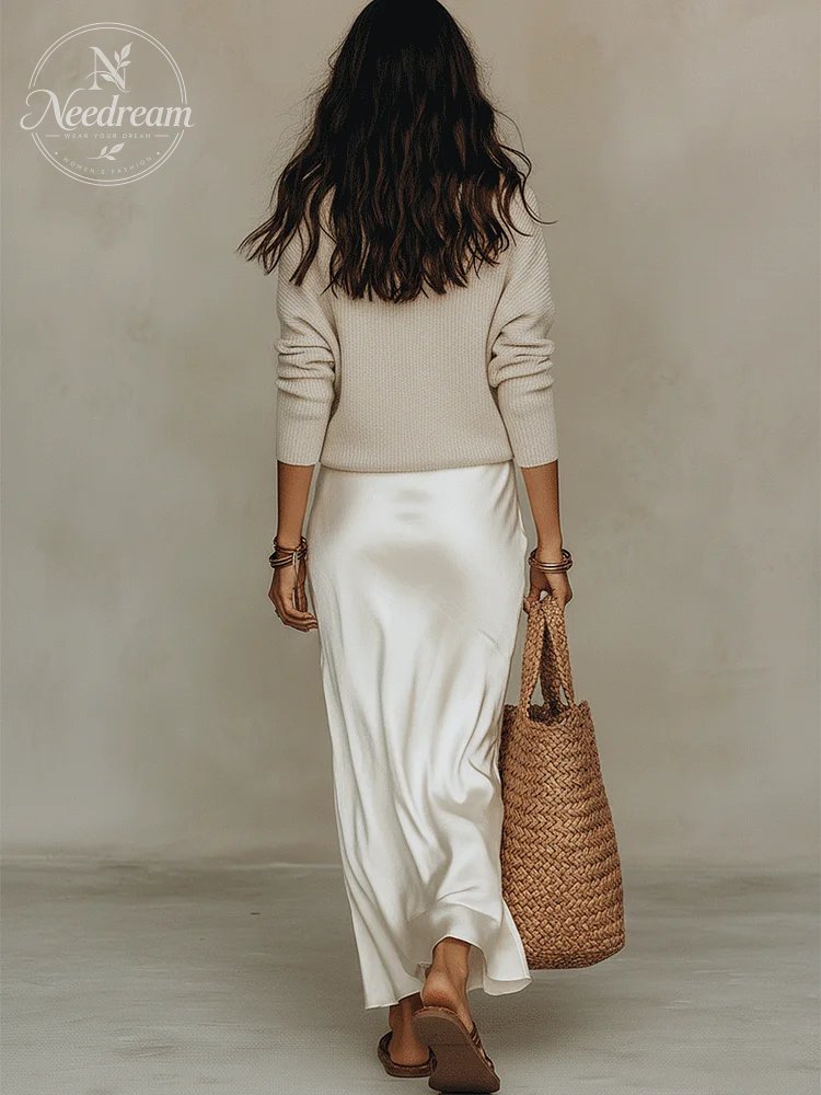 Effortless Ivory Knit & Satin Midi Ensemble