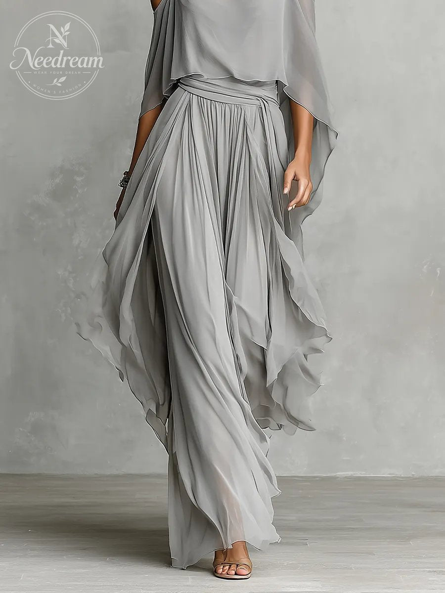 Women's Grey Breathable Chiffon Set With Cold-Shoulder Detail & Flared Silhouette, Contemporary Luxury-Feminine Style Set