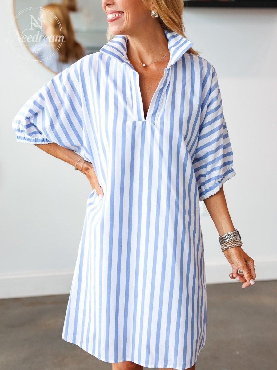 Short Sleeve Striped Dress - Blue