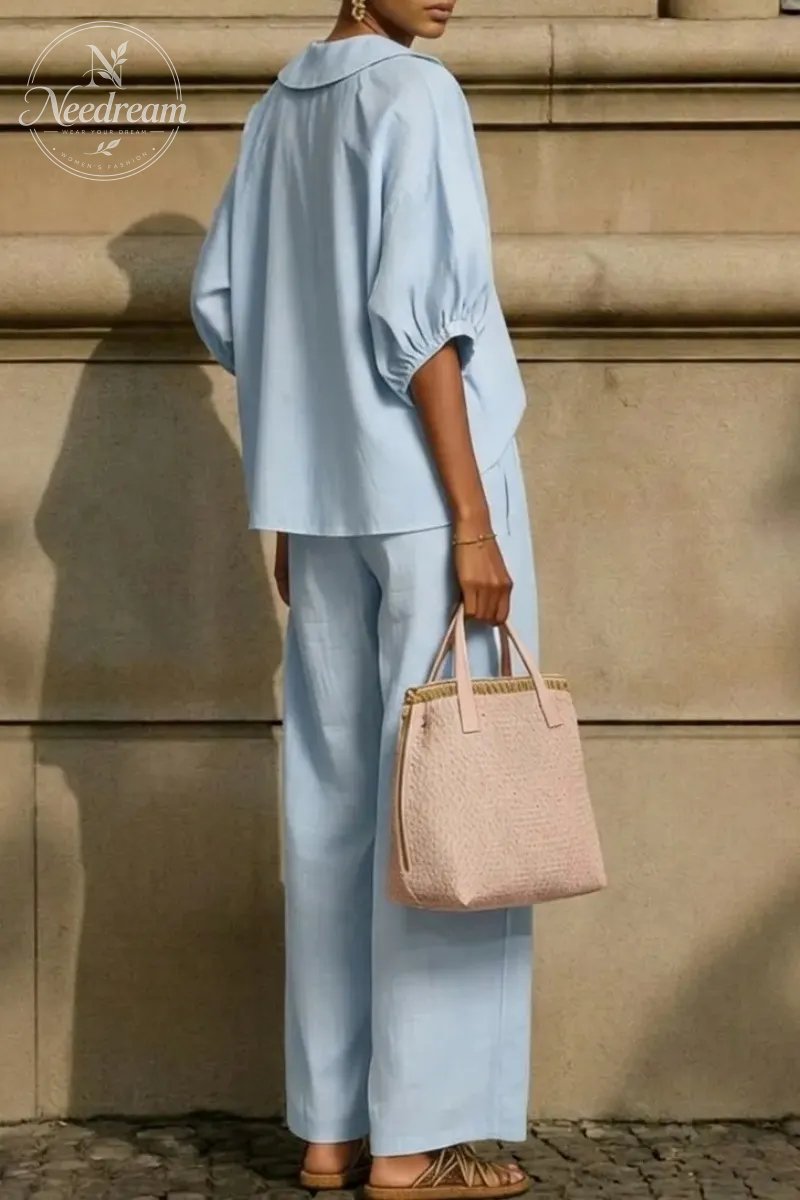 New Arrivals🔥Stylish Peter Pan Collar Shirt And Wide-leg Pant Linen Two-piece Set
