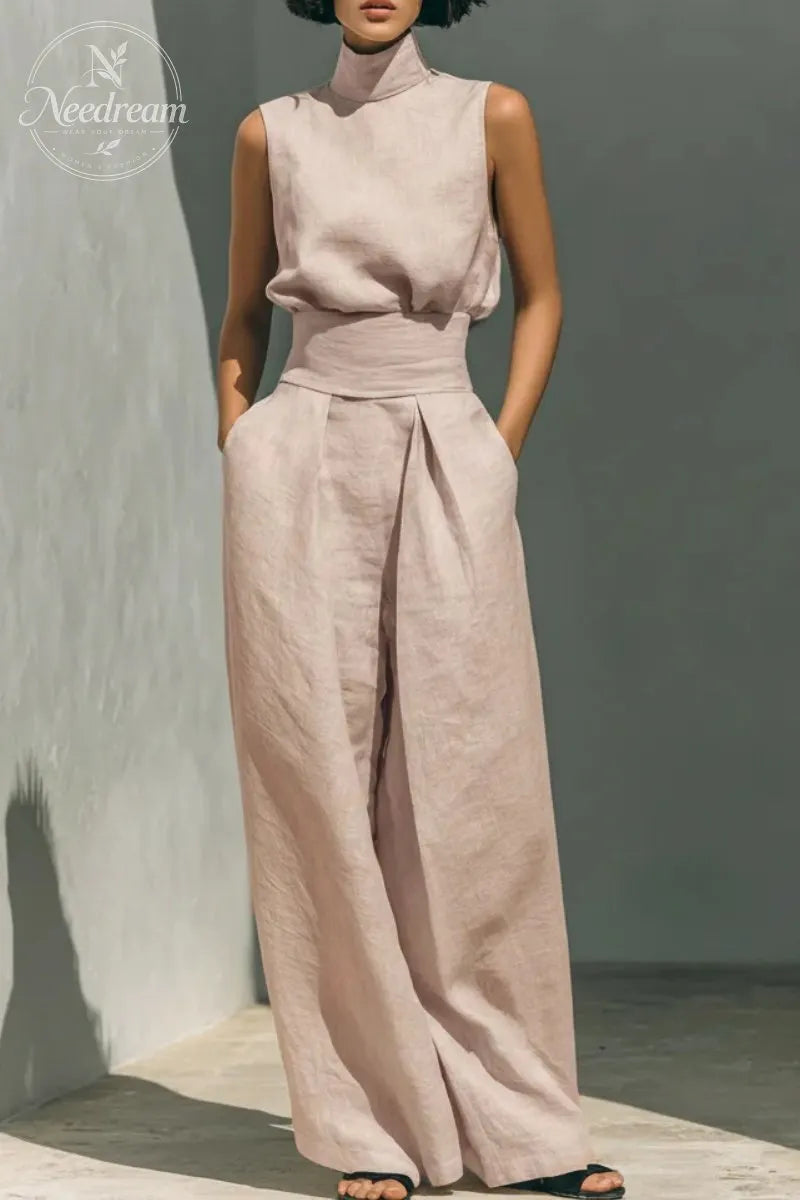 Women's Minimalist Cotton And Linen Blend Sleeveless Blouse And Wide-leg Pants Set