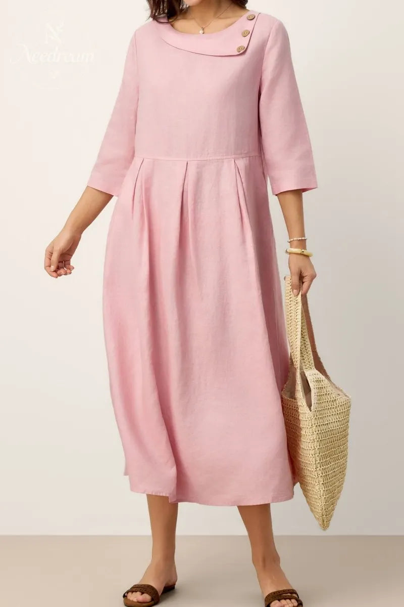 Linen Crescent Neck Decorative Button Waist Pleated Maxi Dress