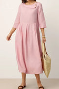 Linen Crescent Neck Decorative Button Waist Pleated Maxi Dress