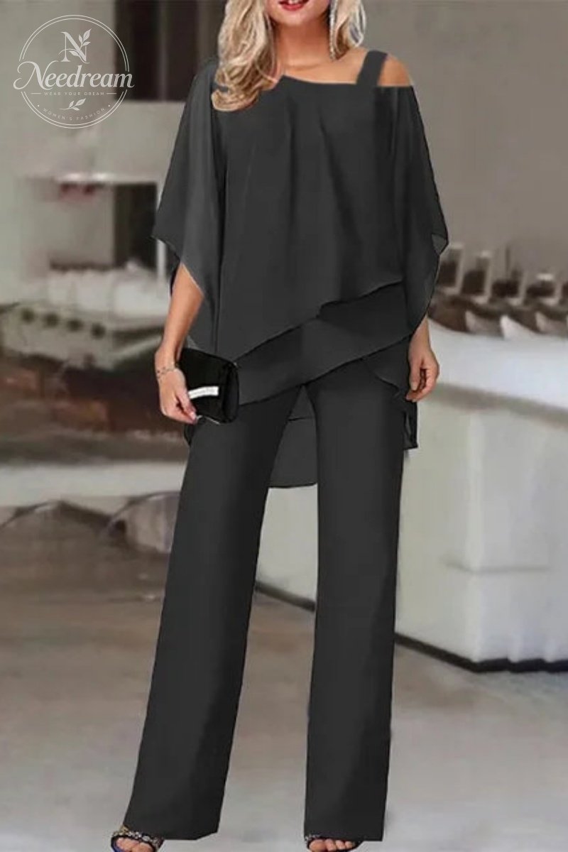 Elegant Layered Chiffon Top & Wide-Leg Pants Set