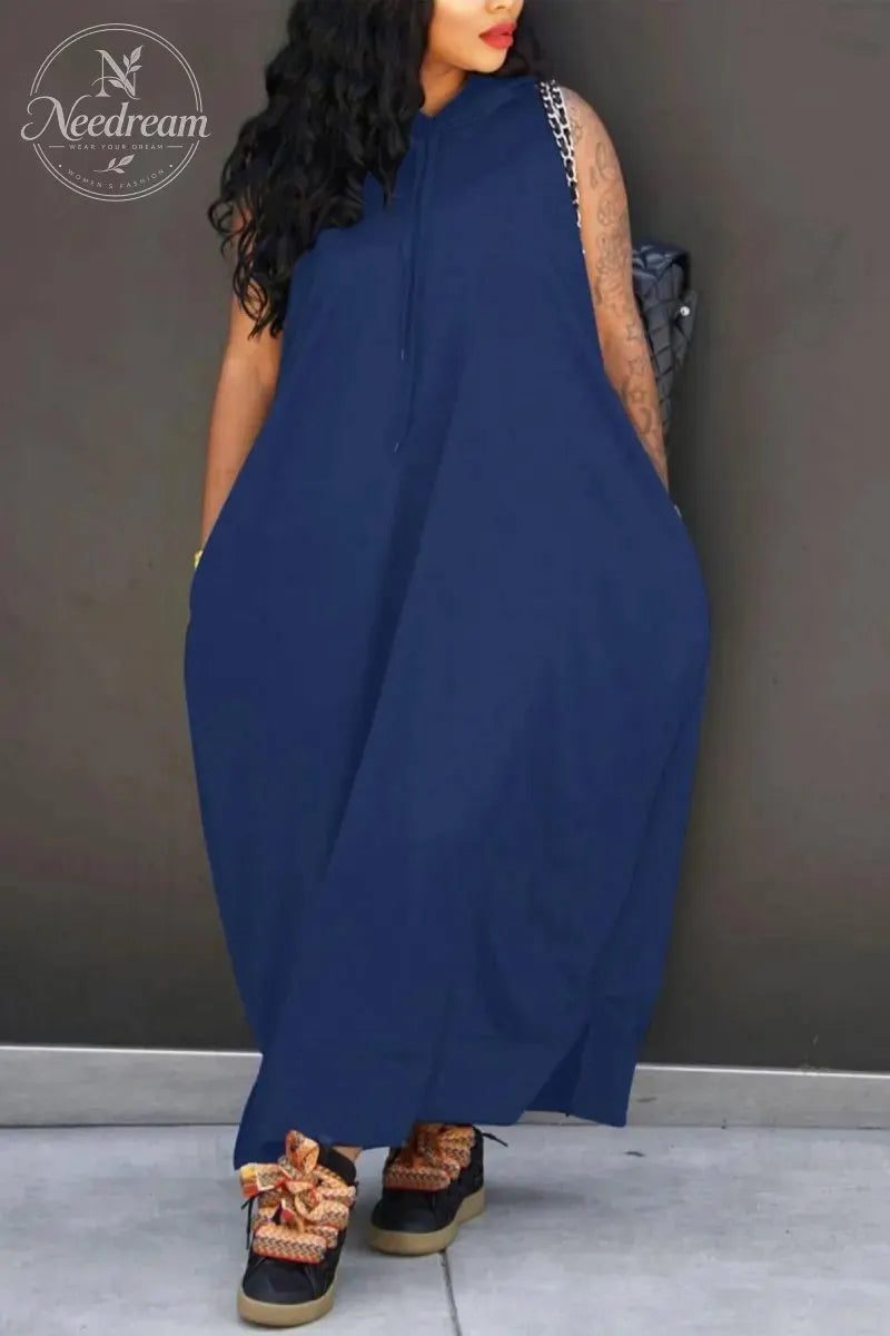 Women's Plain Drawstring Hooded Tank Dress, Casual Basic Pocket Sleeveless Dress