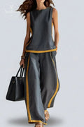Women's Two Tone Trim Vest & Wide Leg Pants 2Pcs Set