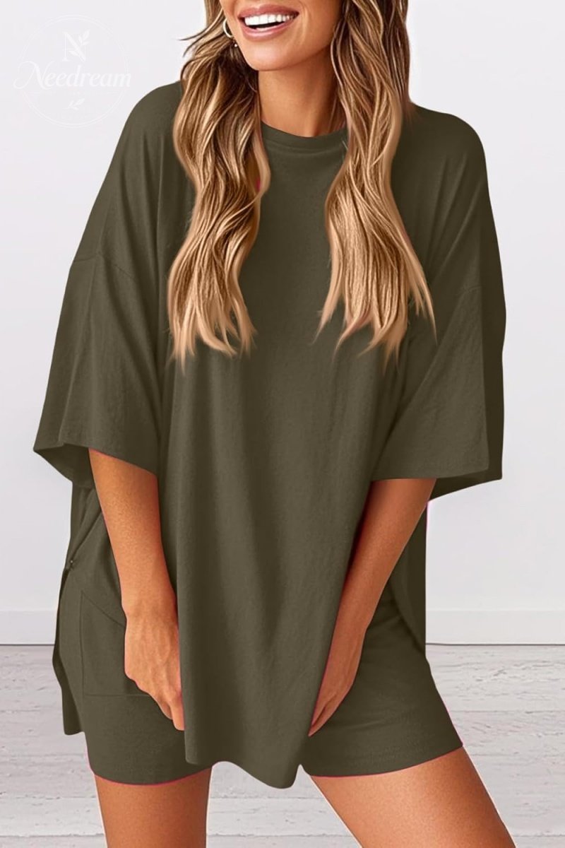 Women 2 Piece Outfits Crew Neck Oversized Tshirts and Biker Shorts with Pocket Matching Lounge Sets
