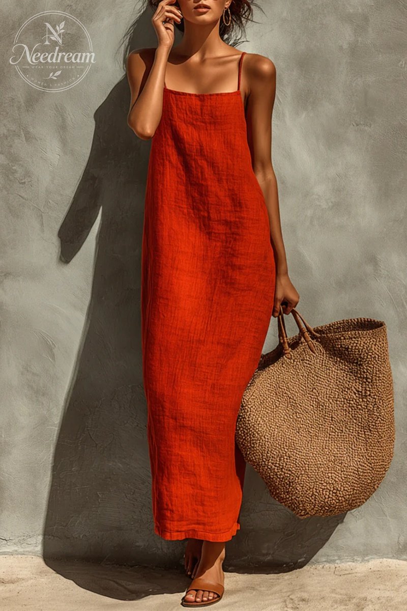 Women's Red Cotton Dress With Spaghetti Straps & Square Neck, Timeless Boho-Resort Style Dress