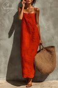Women's Red Cotton Dress With Spaghetti Straps & Square Neck, Timeless Boho-Resort Style Dress