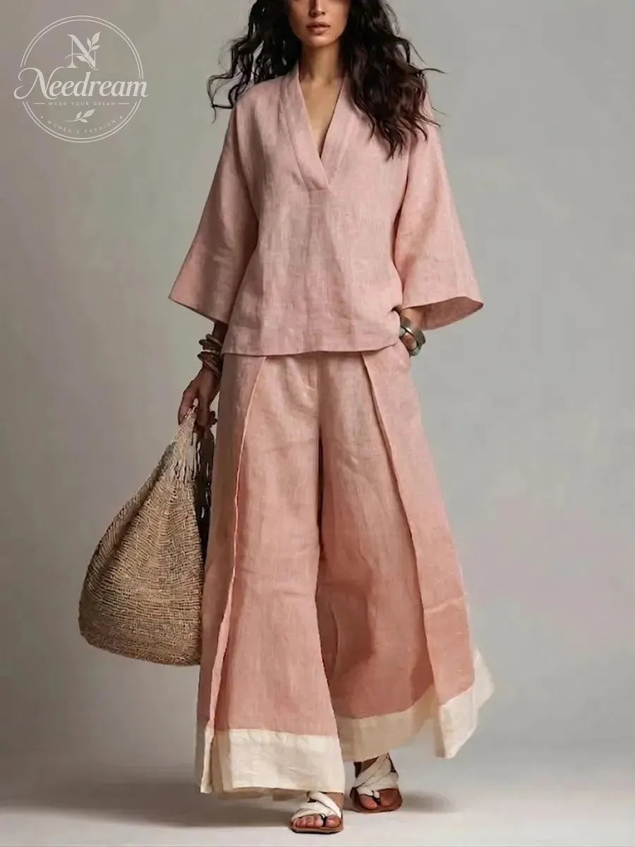 Loose Plus Size Contrast Color Pleated Pockets V-Neck Two Pieces Set