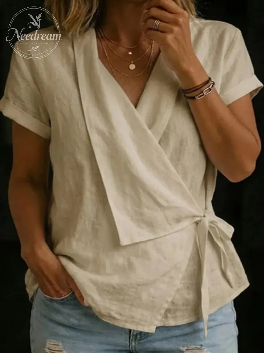 Cotton And Linen Wrap Detail V Neck Short Sleeve Irregularly Shaped Hem Casual Blouse