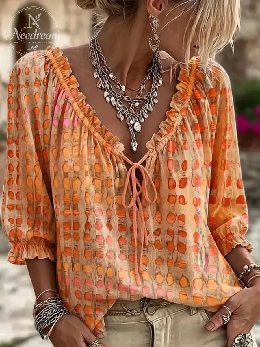Polka Dot Lace Up Blouse