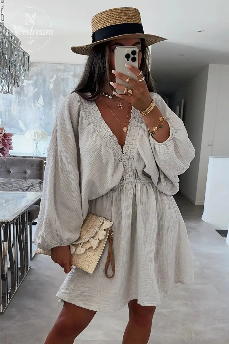 Cheesecloth Ruched Detail V-Neck Dress