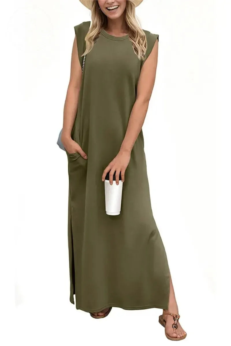 Women Summer Round Neck Casual Loose Split Wrinkle-Free Long Maxi Vacation Dress with Pockets
