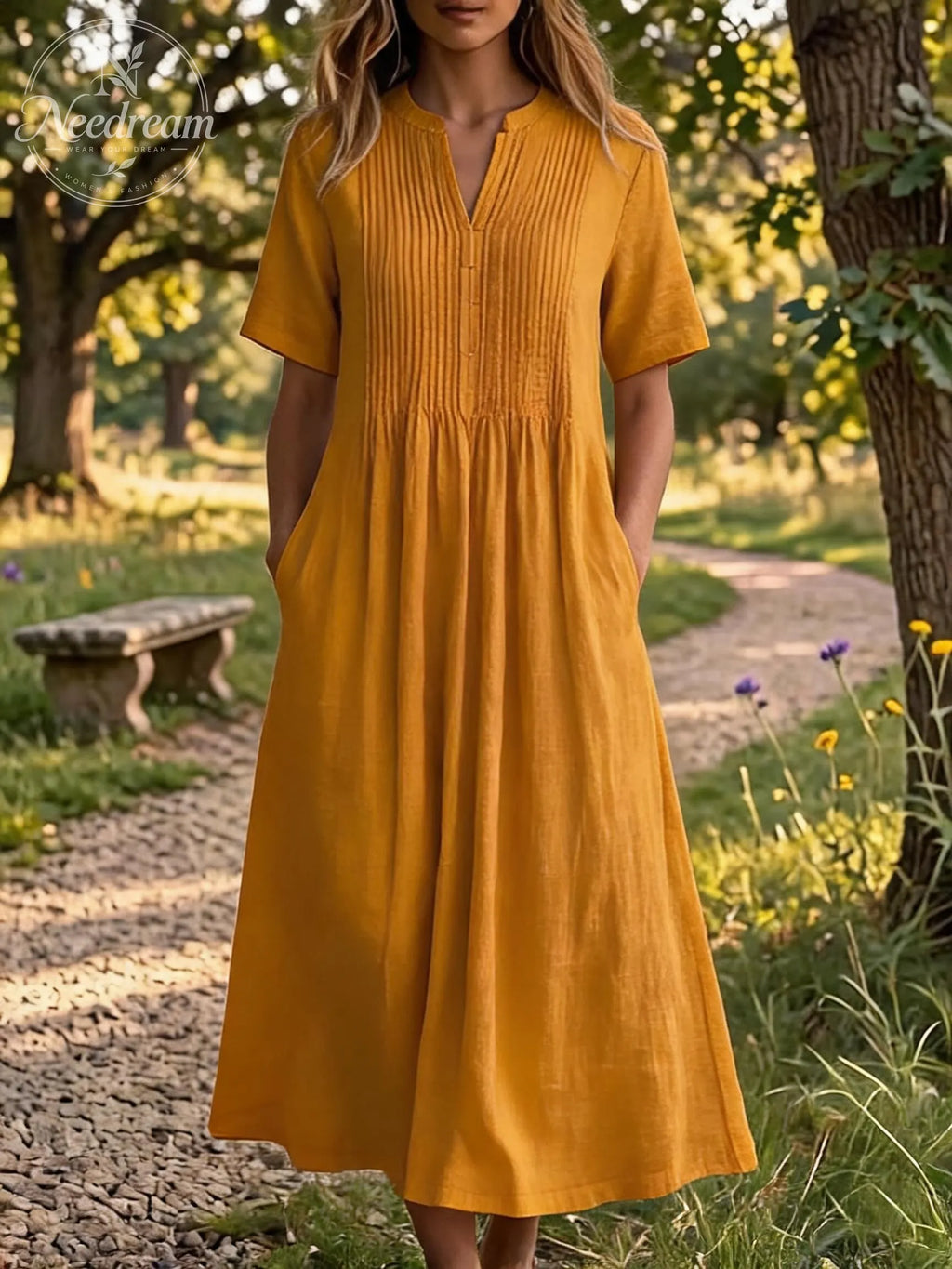 🔥 Women'S V-Neck Short-Sleeved Pleated Cotton-Linen Dress