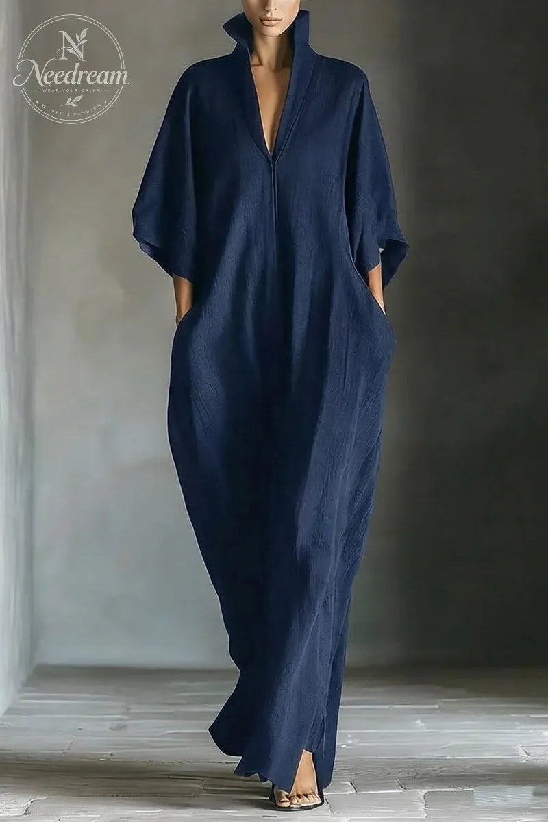 Women's Black Cotton Blend Fabric Oversized Kimono-Sleeve Maxi Dress With Pockets