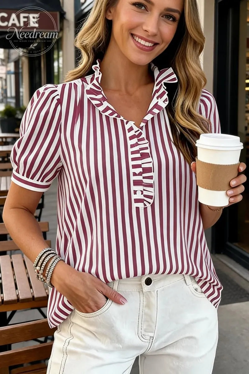 Women Puff Sleeve Plaid Blouses Dressy Casual Business Tops Ruffled Tirm Henley Shirts