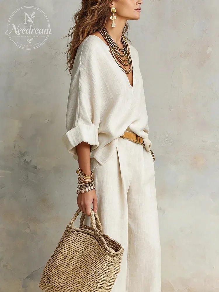Off White Natural Linen Loose Fitting Resort Wear Set
