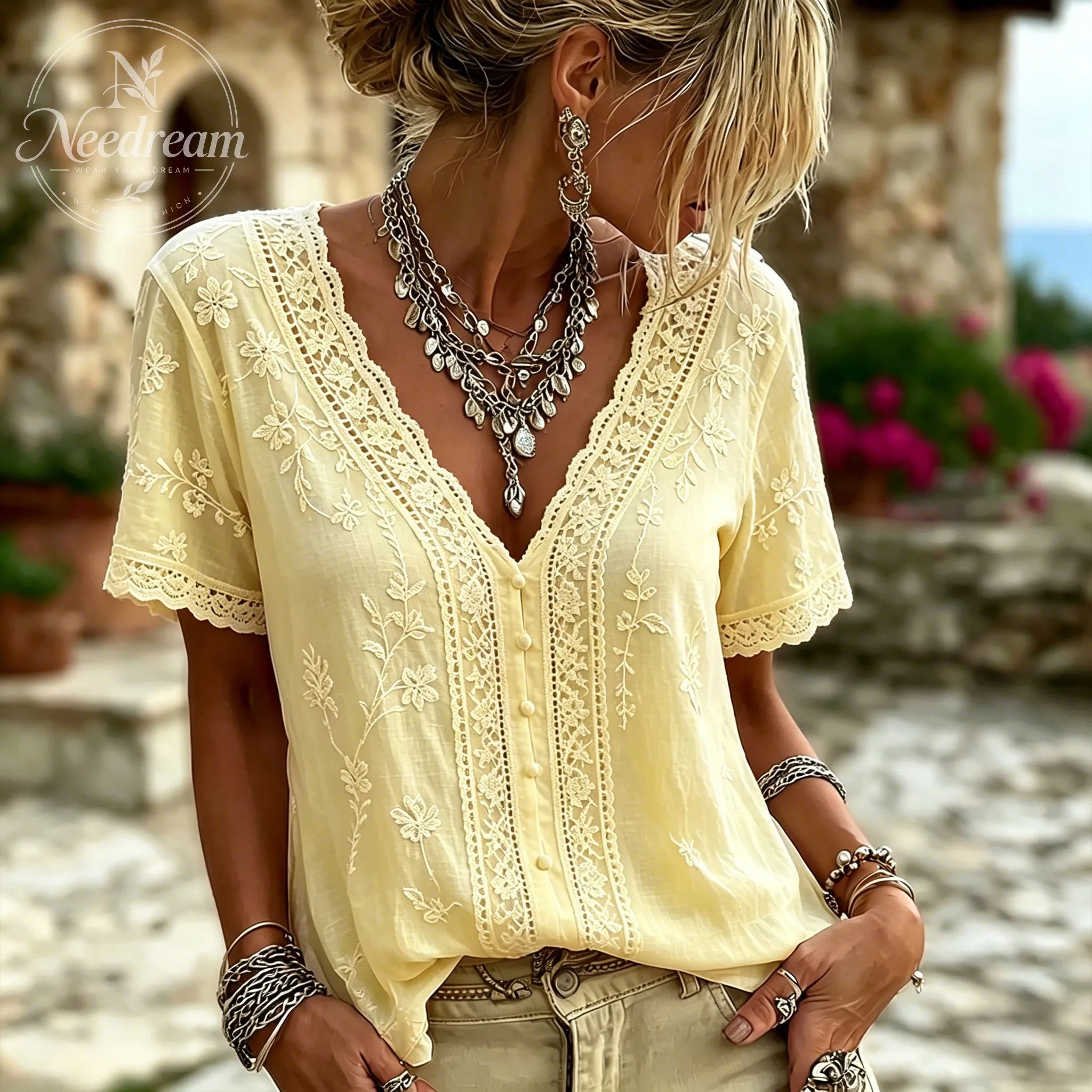 Women's White Floral And Lace Art Cotton Linen V-neck Short Sleeve Top