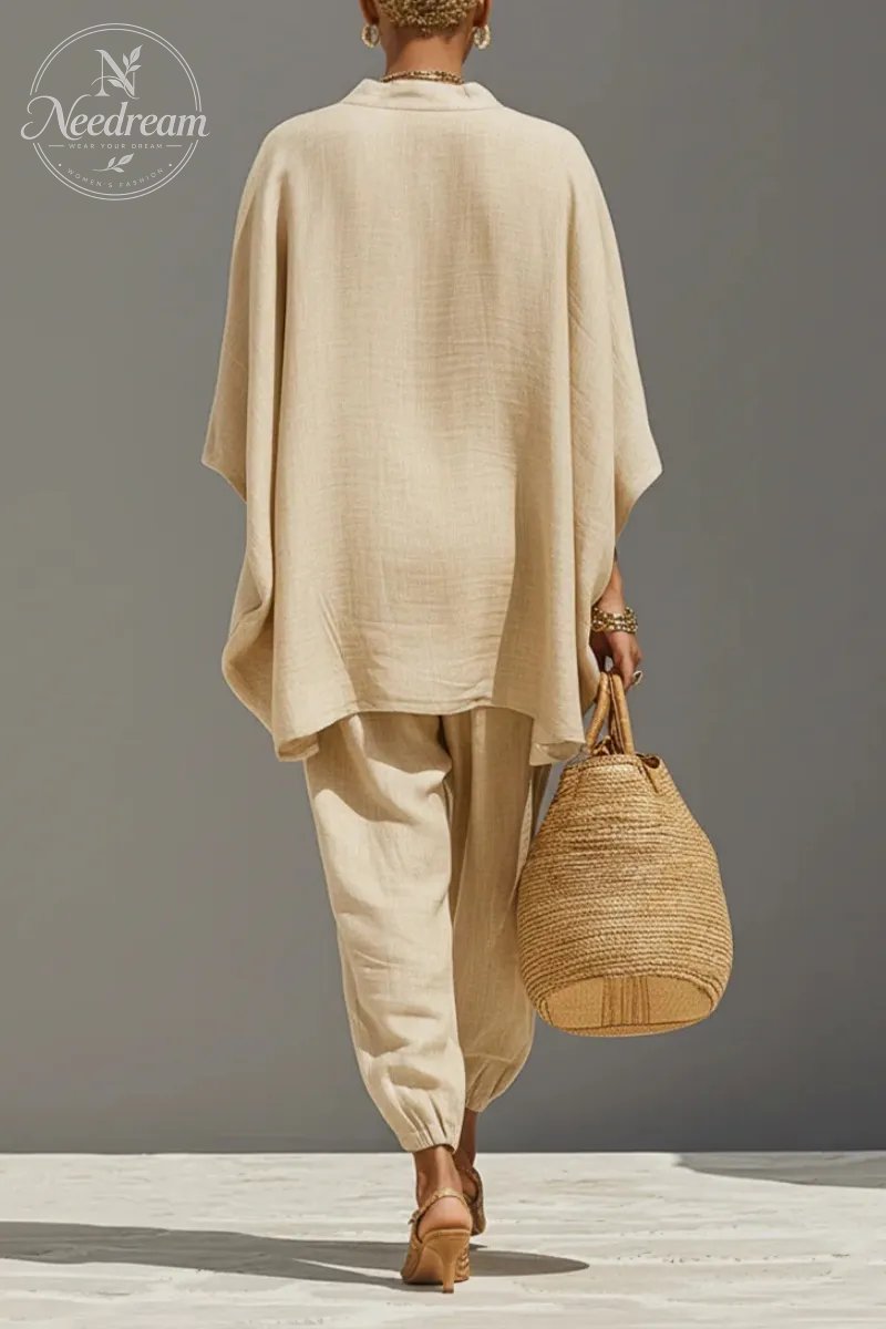Women's Neutral Linen Set With Asymmetric Hem & Minimalist Design, Sophisticated Daily-Casual Style Set
