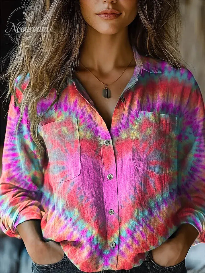 Women's Colorful Heart Tie Dye Print Casual Long Sleeve Comfortable Cotton Shirt