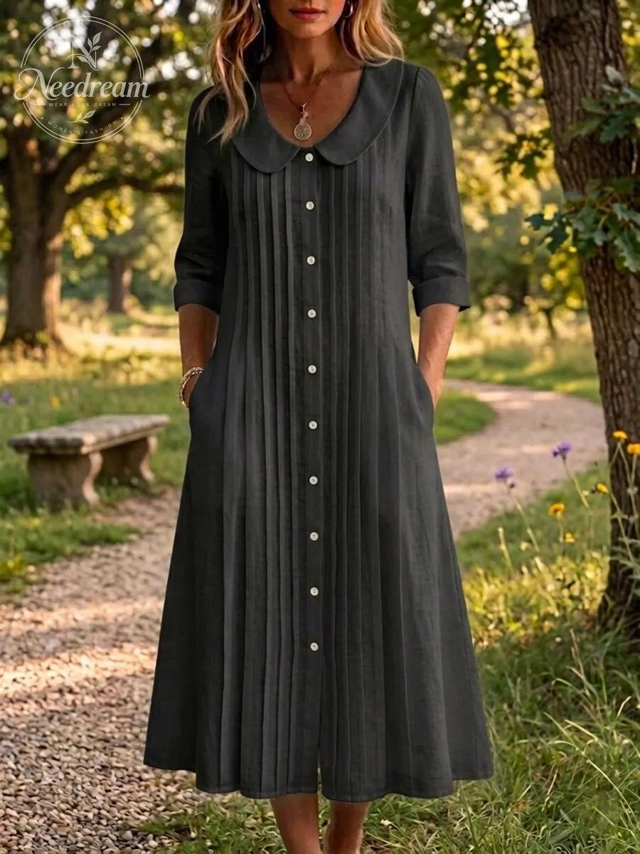 New Arrivals🔥 Women's Peter Pan Collar Casual Loose Pleated Cotton And Linen Dress