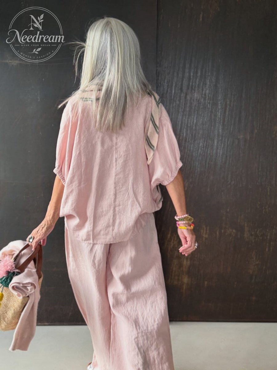Women'S Loose-Fitting Pink Linen Set