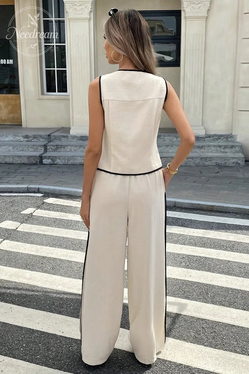 Color-blocked Sleeveless Single-breasted Vest And Drawstring Trousers Set