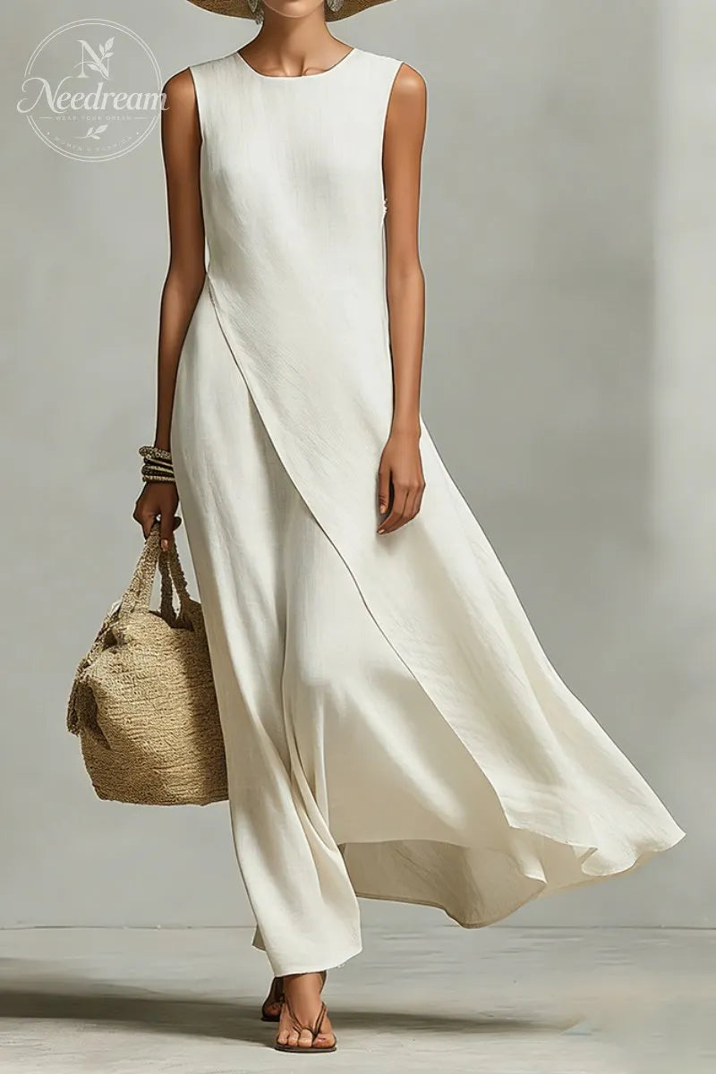 Women's Ivory Breathable Linen Dress With Sleeveless Detail & Asymmetric Hem, Contemporary Casual-Feminine Style Dress
