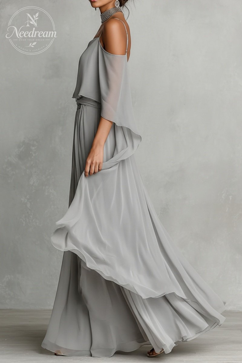 Women's Grey Breathable Chiffon Set With Cold-Shoulder Detail & Flared Silhouette, Contemporary Luxury-Feminine Style Set