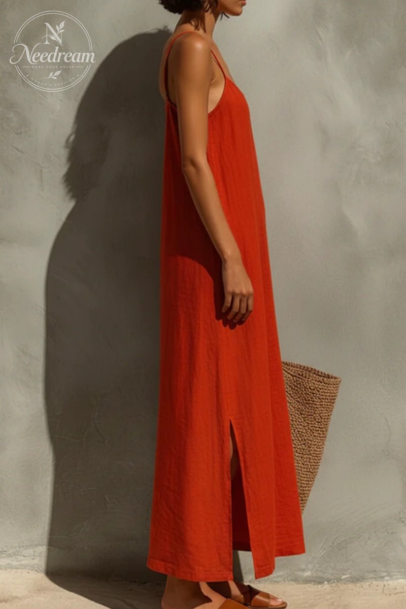 Women's Red Cotton Dress With Spaghetti Straps & Square Neck, Timeless Boho-Resort Style Dress
