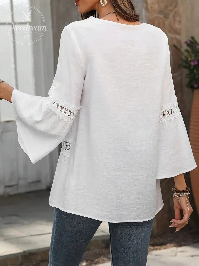 Women'S White Boho Blouse Crochet Lace Trim Bell Sleeve Tiered Flowy Top