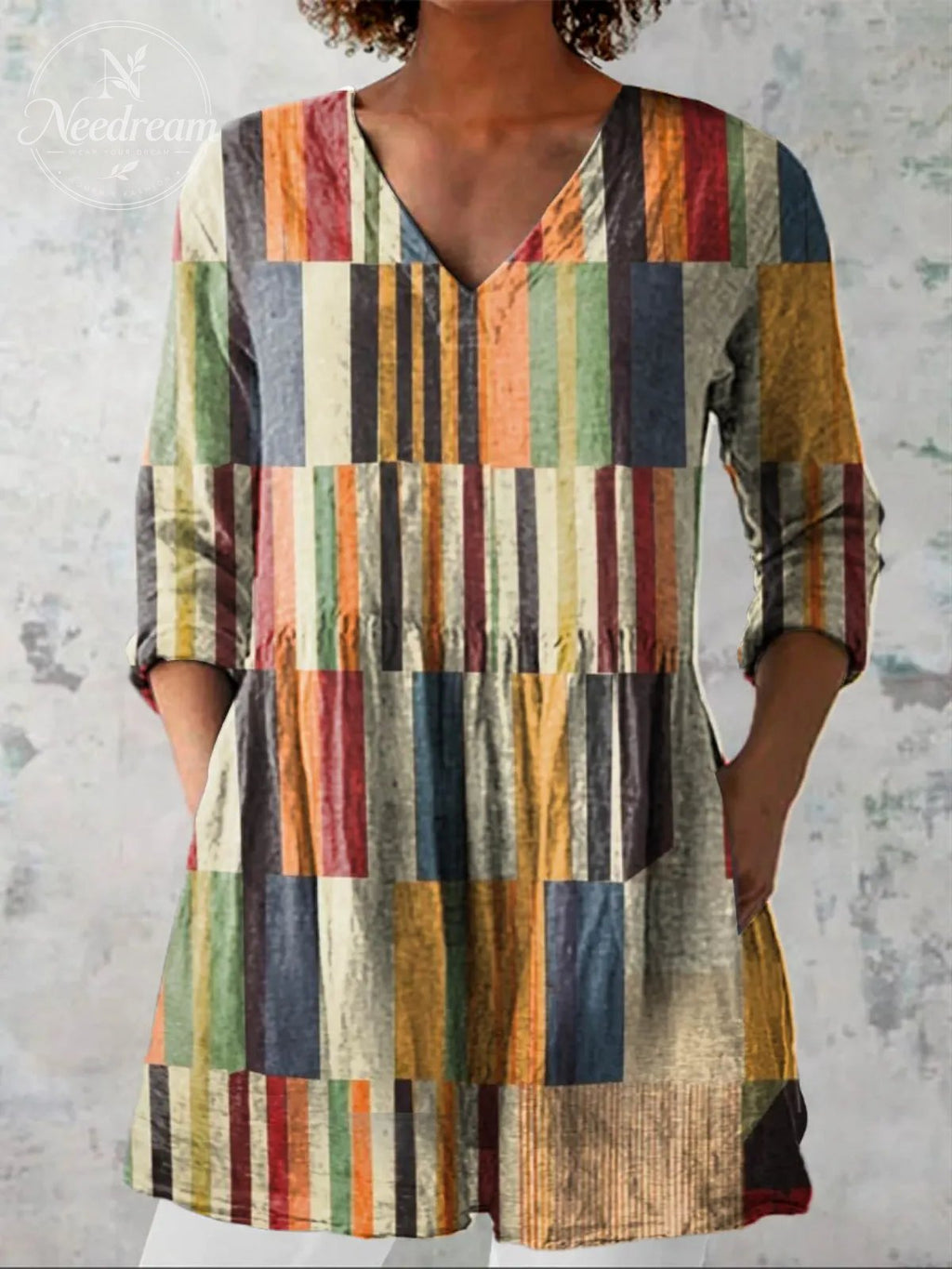 Women'S Geometric Print V-Neck Long-Sleeve Long Shirt